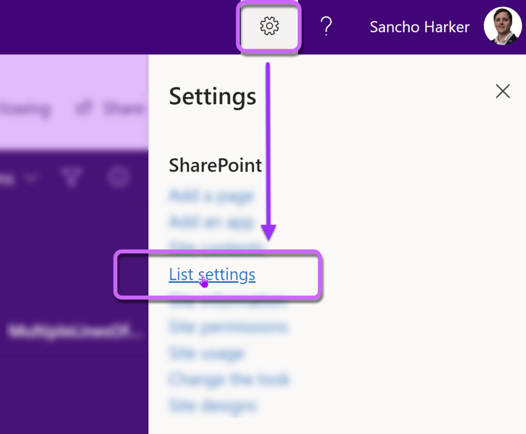 showing how to get to Sharepoint List settings