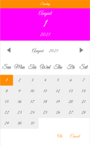 a datepicker with its colours changed using iAm_ManCat's Microsoft Power Apps branding template