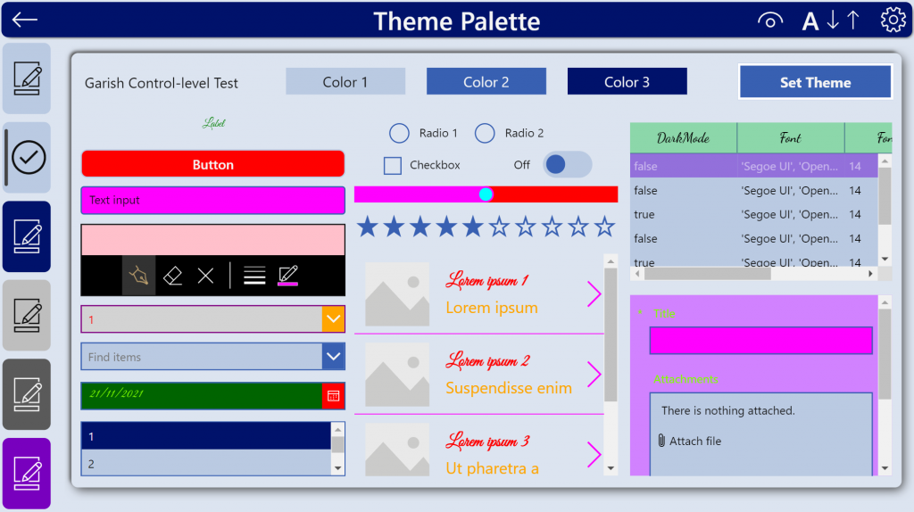 the theme picker screen with a garish theme example chosen within iAm_ManCat's Microsoft Power Apps branding template