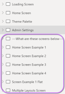 a list of screens within iAm_ManCat's Microsoft Power Apps branding template