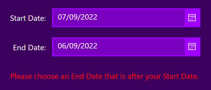 image shows two datepickers in PowerApps and a label that is indicating that the Start date is after the End date.