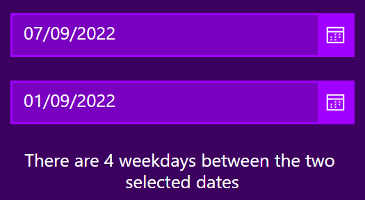 image shows two datepickers and a label that is listing the number of weekdays in Power Apps between two dates.