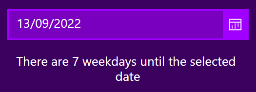 image shows one datepickers and a label that is listing the number of weekdays in Power Apps from today until the selected date.
