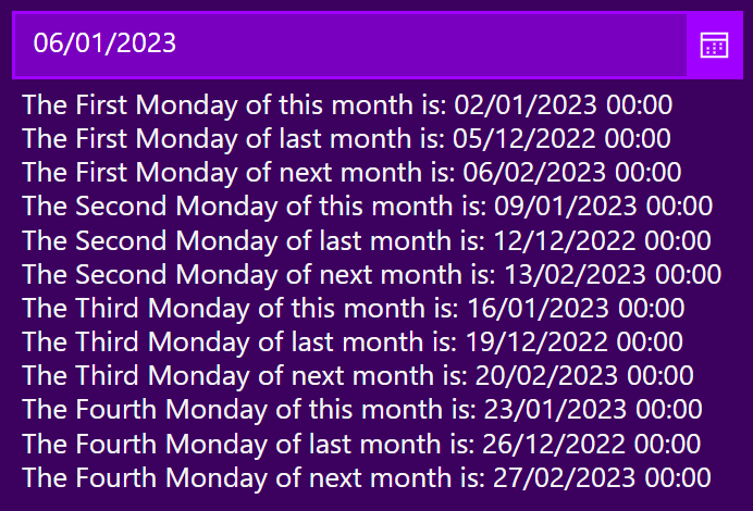 image shows a datepicker in Power Apps with a date chosen and text below describing the output of some code where the first, second, third and fourth Monday for this month, last month and next month are given.
