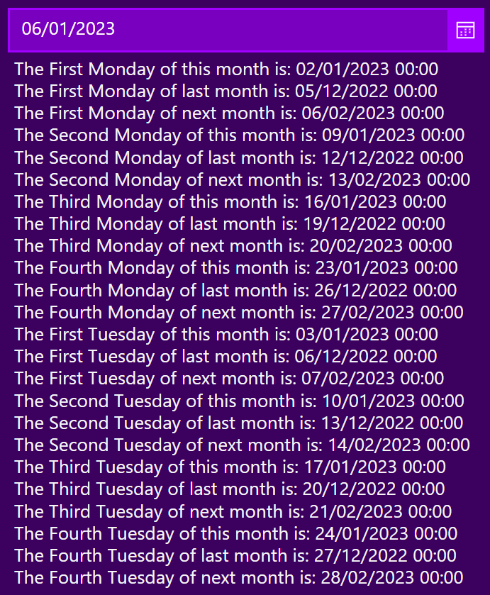 image shows a datepicker in Power Apps with a date chosen and text below describing the output of some code where the first, second, third and fourth Monday and Tuesday for this month, last month and next month are given.
