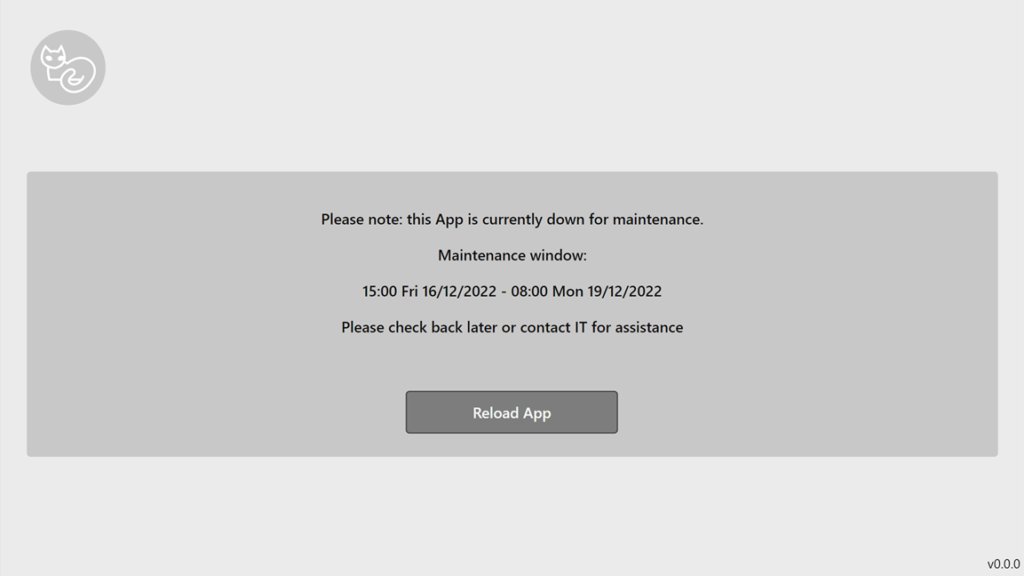 image shows a screen with a label that indicates that the App is currently down for maintenance.