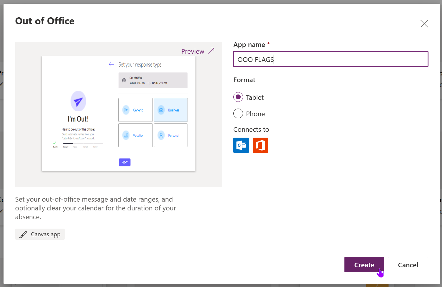 image shows the screen that confirms the app name when building an app from a template in Microsoft Power Apps