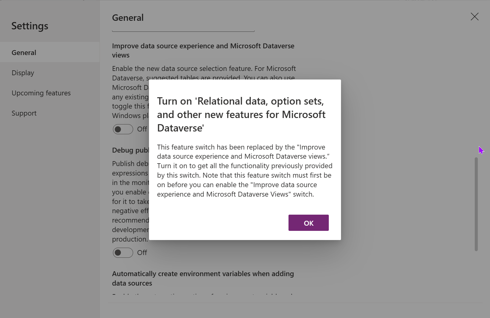image displays a message that we need to turn on 'Relational data, option sets, and other new features for Microsoft Dataverse' before we can enable the 'Improved data source experience and Microsoft Dataverse views' feature flag
