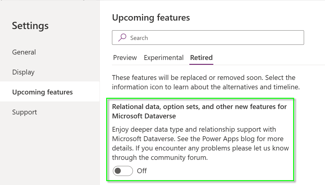 image shows the 'Relational data, option sets, and other new features for Microsoft Dataverse' feature flag within the Retired section of the App settings