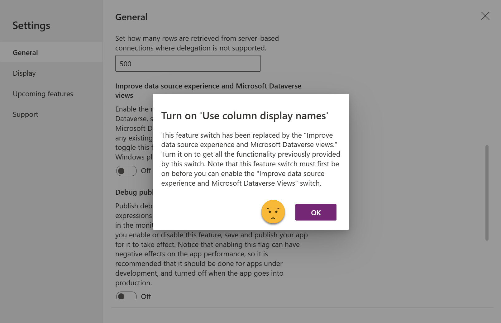 image displays a message that we need to turn on 'Use column display names' before we can enable the 'Improved data source experience and Microsoft Dataverse views' feature flag