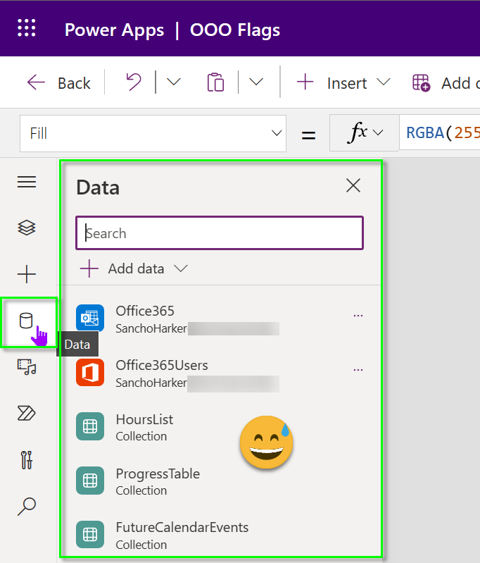 image shows the Power Apps editor now having a data icon that can be used to see which data sources are currently used within an App