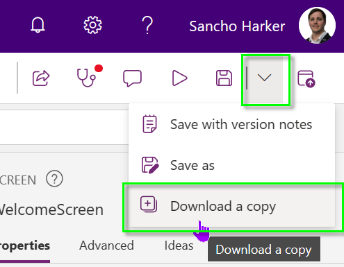 image shows the menu in the Power Apps editor where you can download a copy of an App to local storage