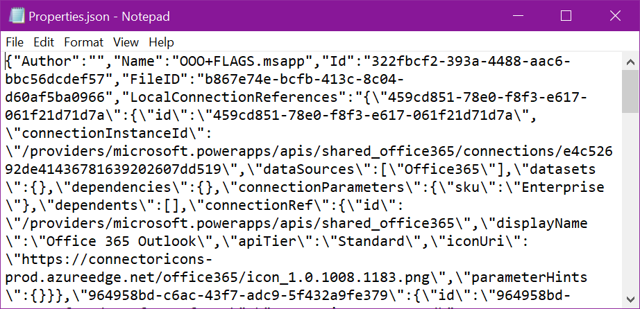 image shows a single-line-formatted json file being opened in Notepad