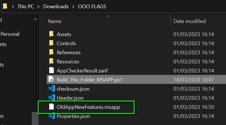image shows a folder in Microsoft Windows that contains the extracted content from an msapp file and an additional file that has been created after running a PowerShell script to reconstitute those folders.