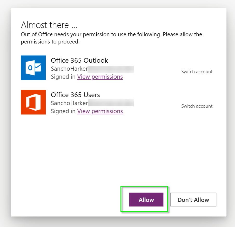 image shows the screen overlay that prompts for permissions when first opening an App that uses connectors in Microsoft Power Apps