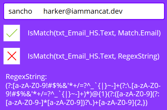 image shows a text input box with an email address entered where the prefix contains spaces. Below it is the default formula Power Apps uses for validation, showing as successfully validated. The new code for validation is showing correctly as invalid.