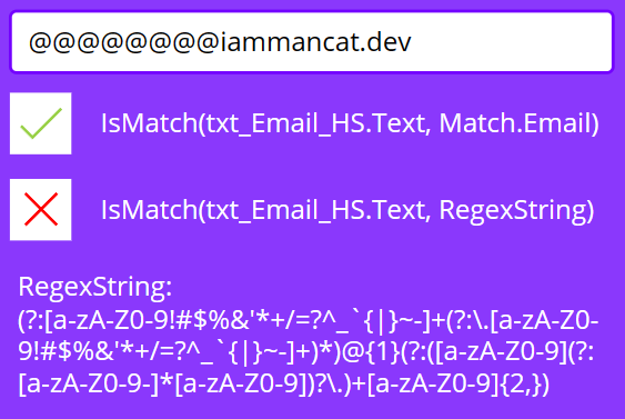 image shows a text input box with an email address entered where the prefix contains only the @ symbol. Below it is the default formula Power Apps uses for validation, showing as successfully validated. The new code for validation is showing correctly as invalid.