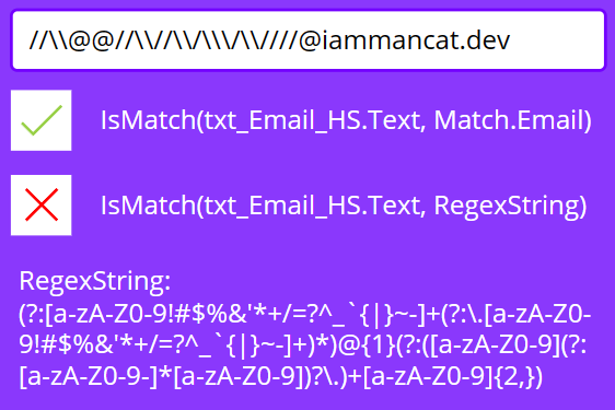 image shows a text input box with an email address entered where the prefix contains only the @ symbol and slashes. Below it is the default formula Power Apps uses for validation, showing as successfully validated. The new code for validation is showing correctly as invalid.