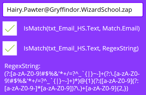 image shows a text input box with an email address entered correctly. Below it is the default formula Power Apps uses for validation, showing as successfully validated. The new code for validation is showing correctly as validated in this case.