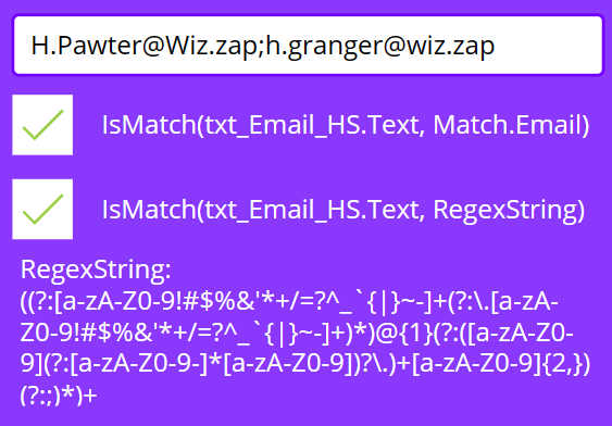 image shows a text input box with an two email addresses entered correctly. Below it is the default formula Power Apps uses for validation, showing as successfully validated. The new code for validation is showing correctly as validated in this case.