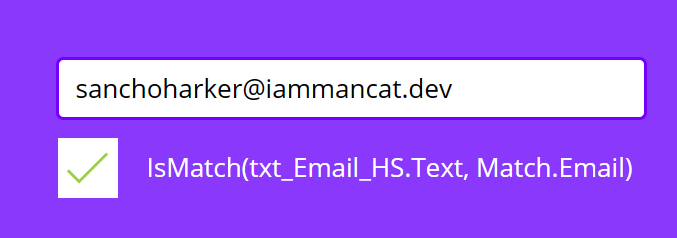 image shows a text input box with an email address entered, and below it is the default formula that is used for email validation in Power Apps, showing as successfully validated.